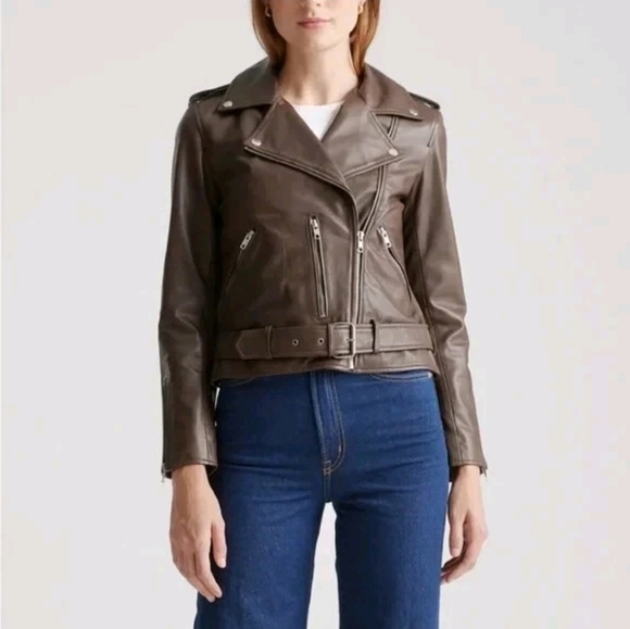 Quince Jackets & Blazers - Quince Mocha Brown Leather Moto Biker Jacket Size Large Timeless Minimalist